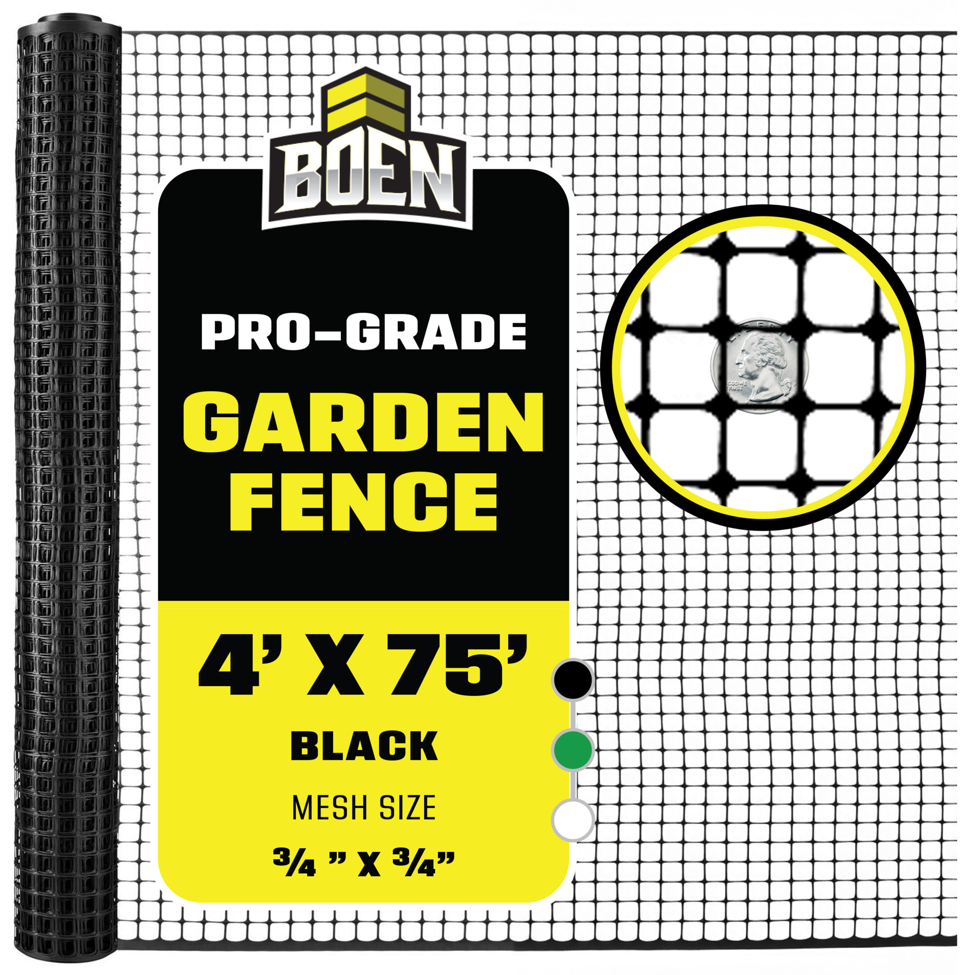 Boen Black Garden Fence 4 ft x 75 ft, Temporary Barrier Outdoor Fence for Dog, Rabbit or Deer, Garden Netting Plastic Mesh Plant Protection